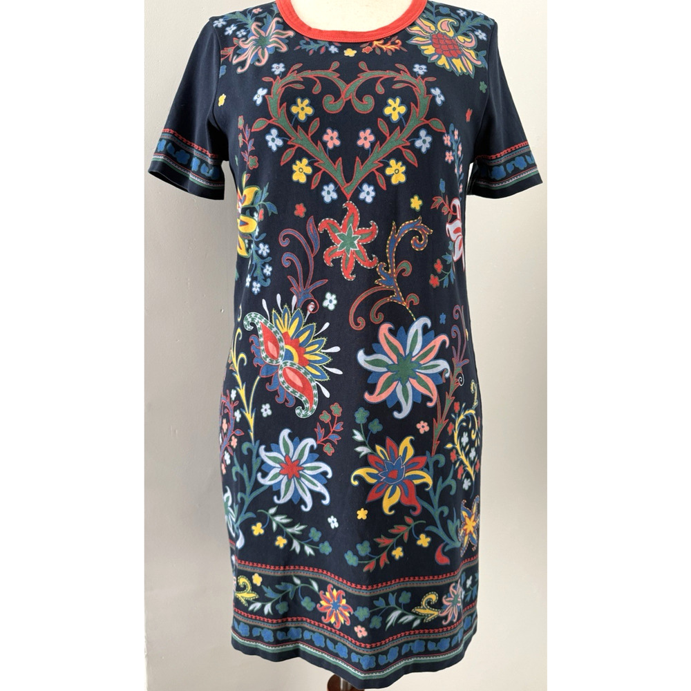 Tory Burch Pima Cotton Floral Shift Dress Navy Heart Print Short Sleeve M